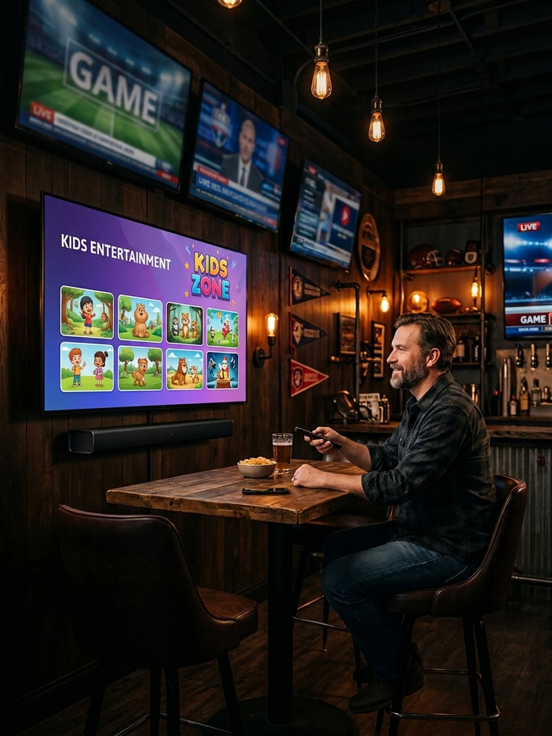 A man sitting at a bar with a TV screen displaying the words 