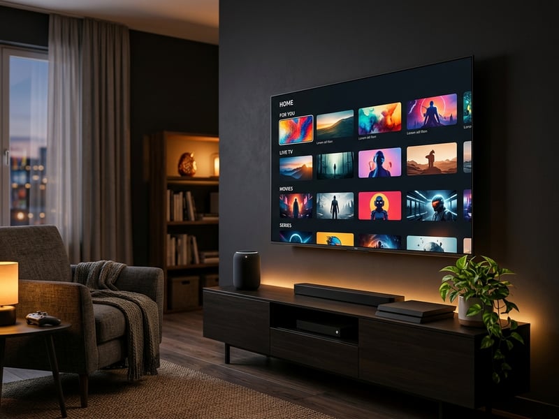 A large flat screen TV with a black frame and a black background displaying a selection of images.