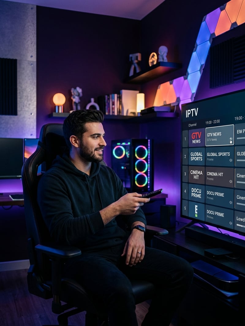 A man sitting in a chair in front of a TV that says IPTV.