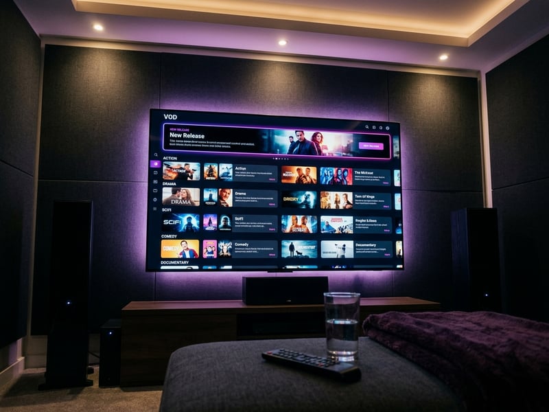 A large flat screen TV with a menu of movies and shows on it.