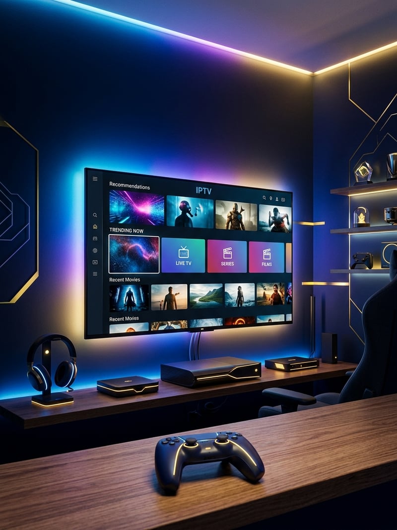 A large flat screen TV displaying IPTV content.