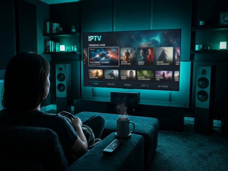 A person sitting on a couch watching IPTV.