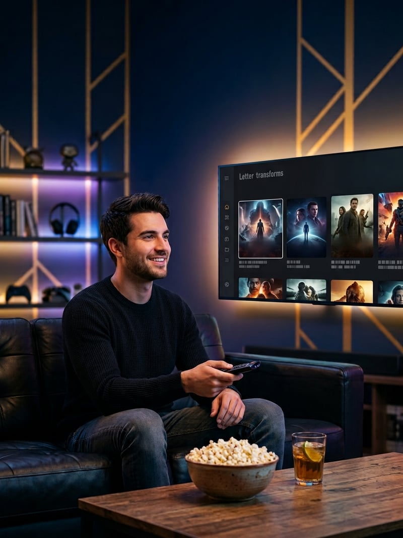 A man is sitting on a couch in front of a large screen TV that is playing a movie.