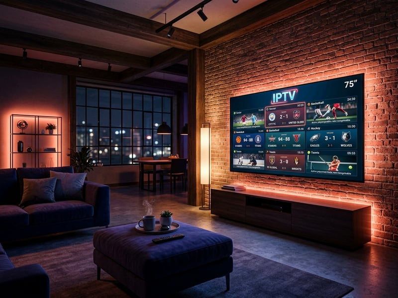 A large flat screen TV with IPTV on the screen.