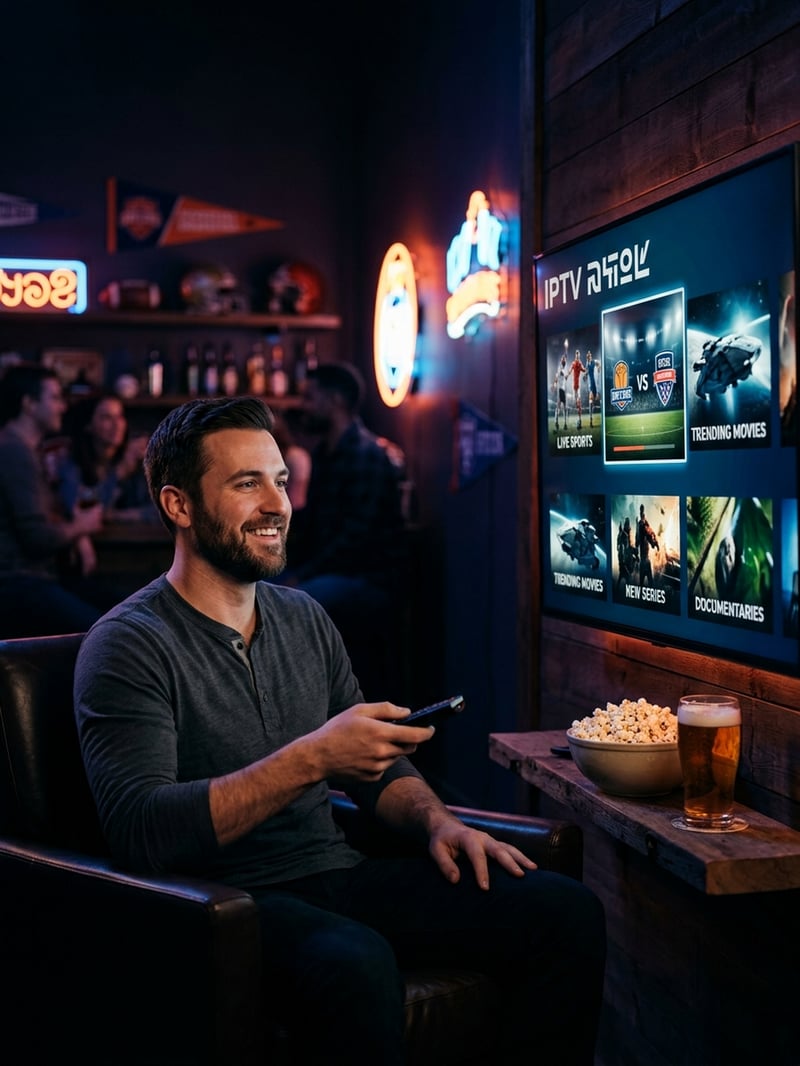 A man is sitting in a chair in front of a large flat screen TV that is displaying IPTV.