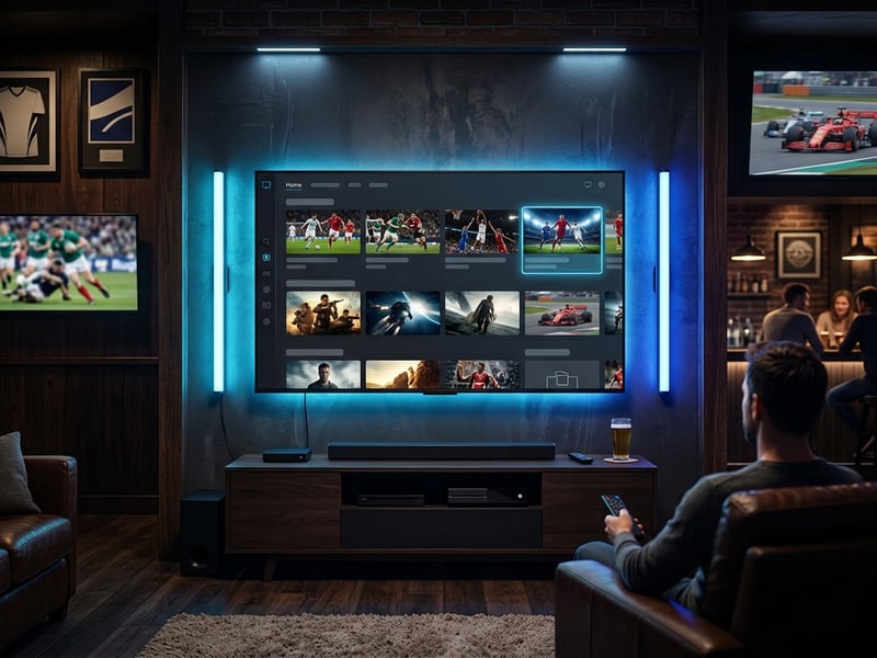 A man is sitting in a chair in front of a flat screen TV that is displaying a menu of IPTV options.
