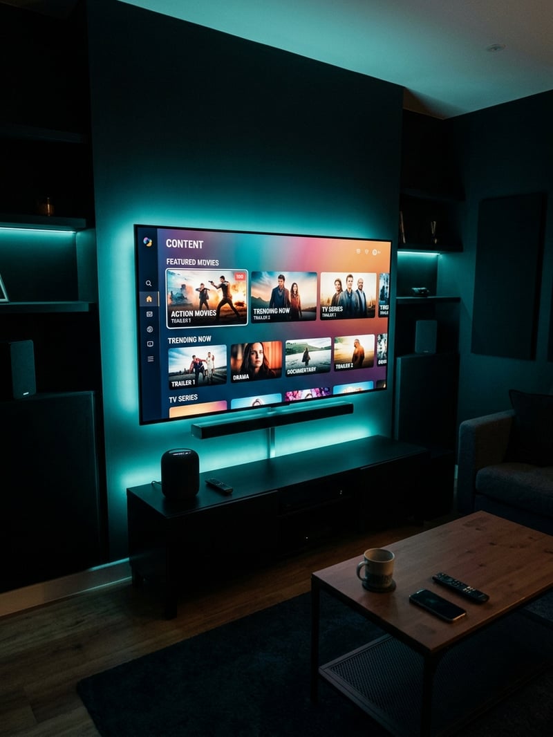A large flat screen TV with a blue light on the bottom of it.