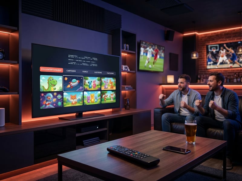 Two men watching TV with a large screen and a remote control.