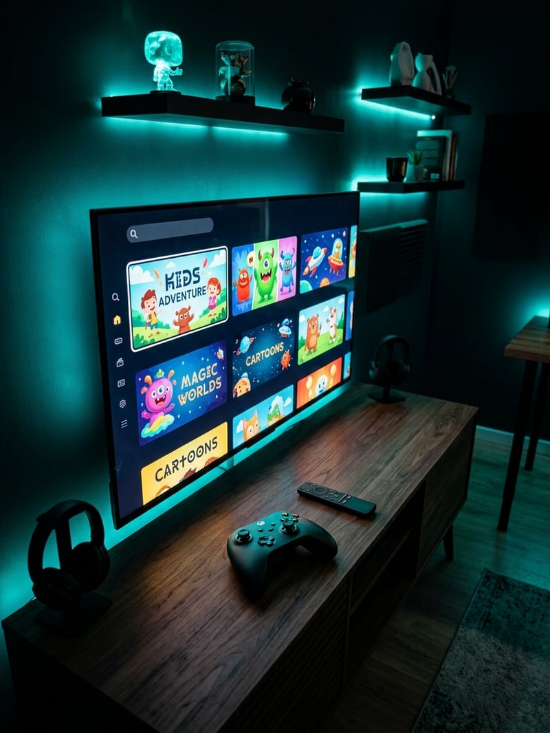 A large flat screen TV with a wooden stand and a remote control.