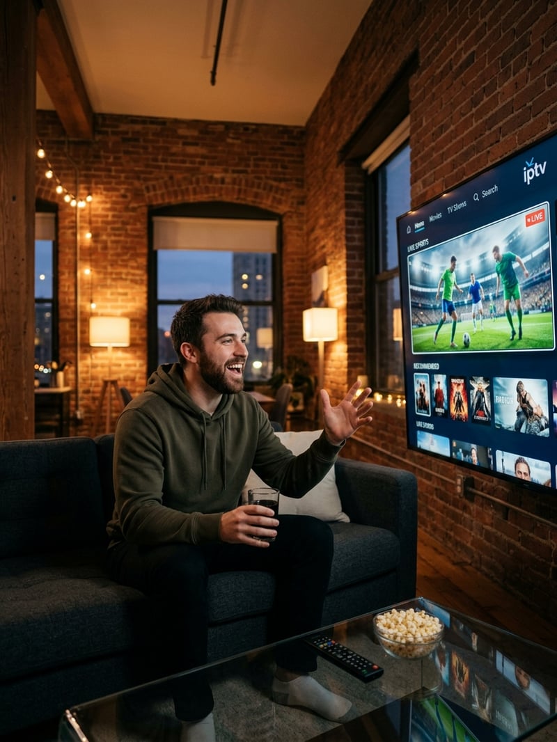 A man is sitting on a couch watching a large screen TV.