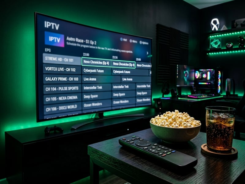 A black table with a bowl of popcorn and a remote control in front of a TV that is playing IPTV.