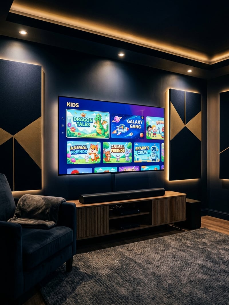 A large flat screen TV with a kids menu on it.