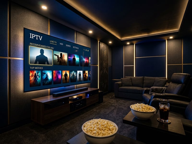 A large flat screen TV with IPTV on the screen.