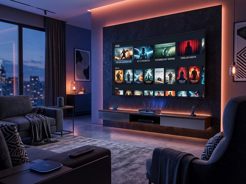A large flat screen TV with a black frame and a blue background displaying a list of movies.