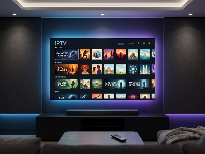 A large flat screen TV with IPTV on the screen.
