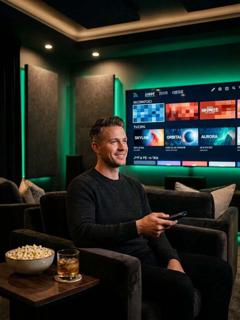 A man sitting in a chair in front of a large screen TV with a remote control in his hand.