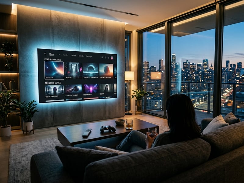 A woman sits on a couch in front of a flat screen TV.