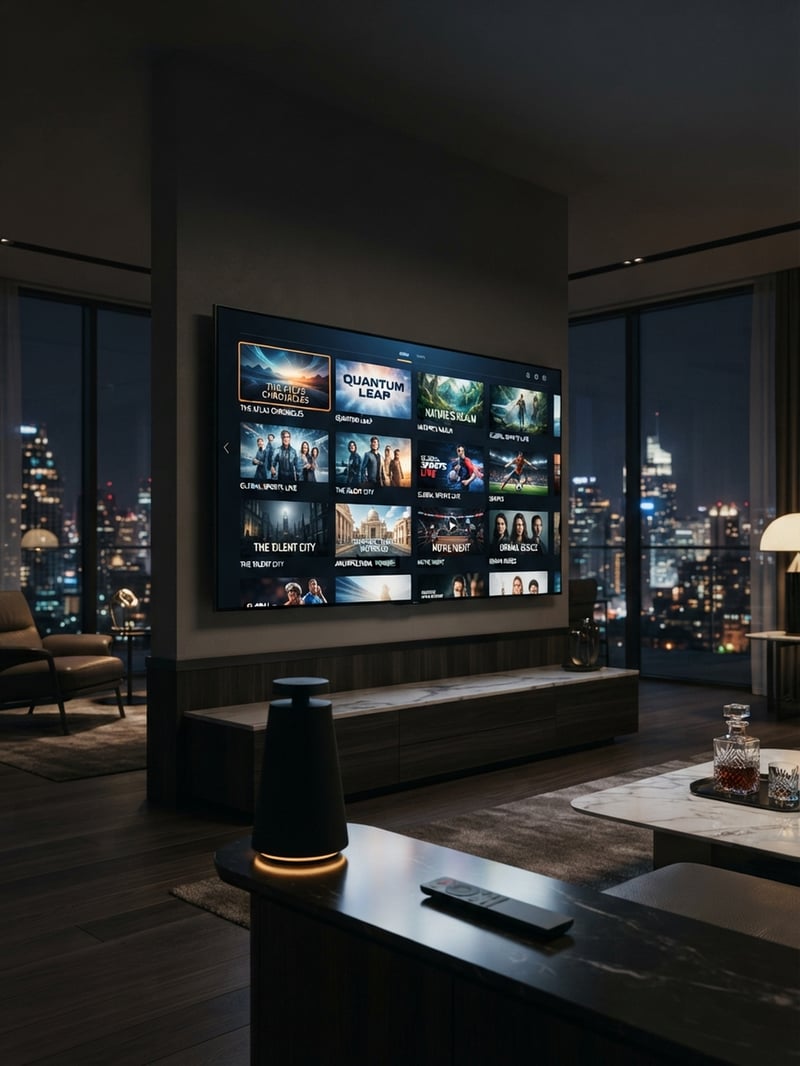 A large flat screen TV with a variety of movies and shows on it.