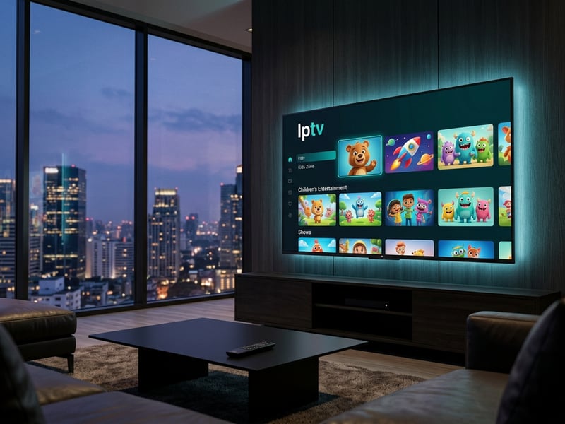 A large flat screen TV with IPTV on the screen.