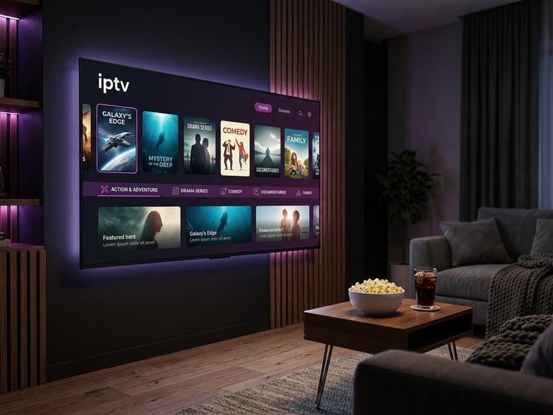 A large flat screen TV with IPTV on the screen.