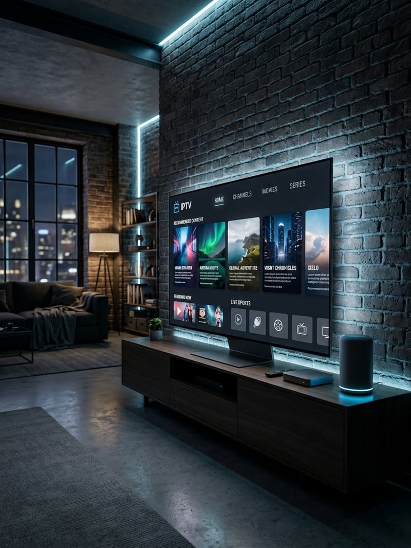 A large flat screen TV is mounted on a brick wall and is displaying a menu of IPTV channels.